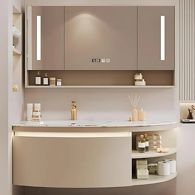 Solid 52IN Floating Bathroom Vanity Wall Mounted Wood Sink Cabinet with Smart Sensor LED Light Strip Open Style Side Cabinet LED Lights Defogging Function Single Sink Vanities Set Beige About ThisOverview Reusable