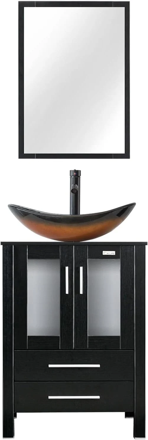 Crafted eclife 24 Modern Bathroom Vanity Sink Combo standing Cabinet with Soft Closing Door Brown Boat Glass Vessel Sink Water Save Faucet Drain Black A29BR About ThisOverview Classic
