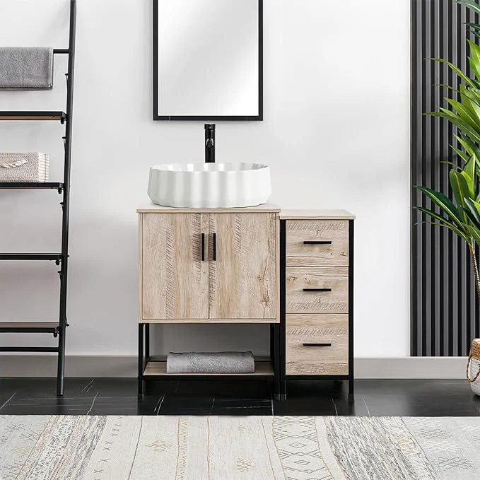 Minimalist eclife 36 Bathroom Vanity Sink Combo Modern Metal Stand Cabinet W Bottom Shelf Storage Side Cabinet White Shell Vessel Sink Water Save Faucet Pop Up Drain Oak T54 About ThisOverview Recyclable