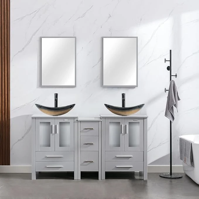 Minimalist eclife 60 Modern Bathroom Vanity Sink Combo standing Cabinet with Small Side Cabinet Champagne Boat Glass Vessel Sink Water Save Faucet Drain Gray A29CH About ThisOverview Relaxed