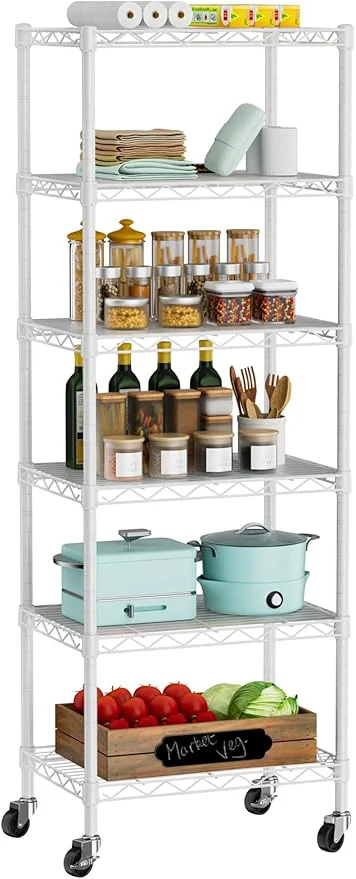 Innovative Small 6 Tier Shelf Storage Wire Shelving Unit Metal Shelves Adjustable Organizers Storage Shelving with Wheels for Bathroom Laundry Room Kitchen Pantry12 D x 18 W x 61.6 H WhiteAbout ThisOverview Efficient
