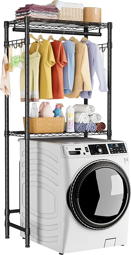 Recyclable Over Washer and Dryer Shelves 2 Tier Adjustable Height Wire Shelving Laundry Room Storage Organization Clothes Drying Rack with Hanger Rod Hooks Space Saving Organizers Shelf BlackAbout ThisOverview Smart