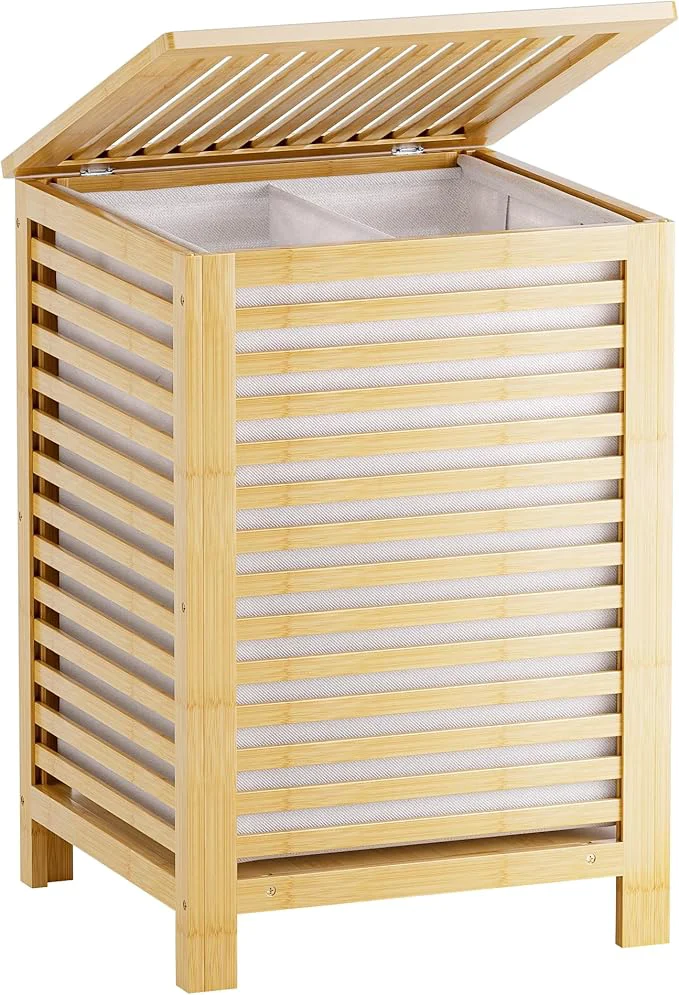 Dependable SMIBUY Double Laundry Hamper with Lid 120L Bamboo Laundry Basket with Removable Liner Bag 2-Section Clothes Divider Laundry Sorter for Laundry Room Bathroom Bedroom Natural About ThisOverview Traditional