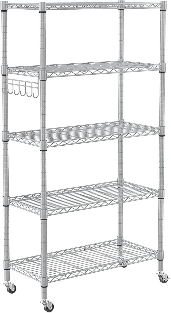 Artisan Homdox 5 Tier Adjustable Rolling Storage Shelves Heavy Duty Wire Racks and Shelving Metal Shelves for with Side Hooks Pantry Closet Kitchen Garage Organization Silver GrayAbout ThisOverview Top-Quality
