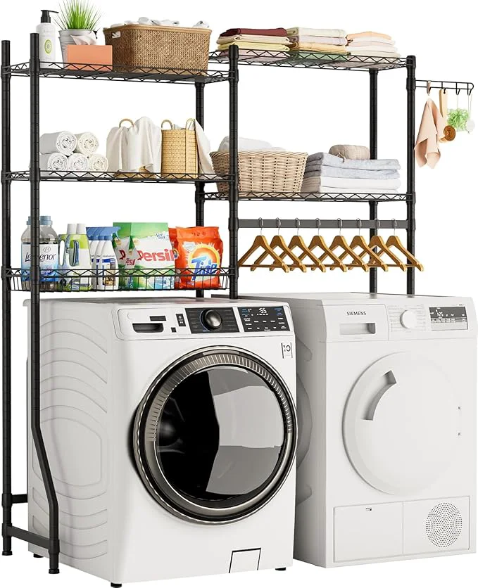 Powerful Over Washer and Dryer Shelves Heavy Duty Laundry Room Storage Organization Clothes Drying Rack 5 Tier Adjustable Height Wire Shelving and Wire Basket with Hanger Rod Hook Space Saving ShelfAbout ThisOverview Lightweight
