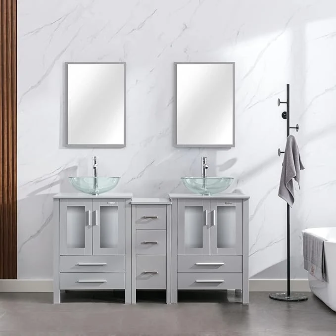 Recyclable eclife 60 Modern Bathroom Vanity Sink Combo standing Cabinet with Small Side Cabinet Clear Round Glass Vessel Sink Water Save Faucet Drain Gray A16 About ThisOverview Sophisticated