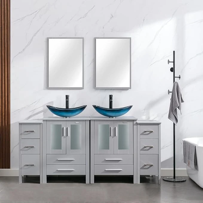 Carefully Designed eclife 72 Modern Bathroom Vanity Sink Combo standing Cabinet with Small Side Cabinet Blue Boat Glass Vessel Sink Water Save Faucet Drain Gray A29BU About ThisOverview Quality
