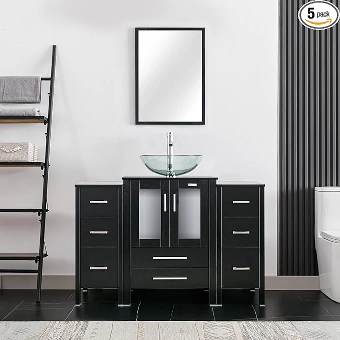 Functional eclife 48 Modern Bathroom Vanity Sink Combo standing Cabinet with Small Side Cabinet Clear Round Glass Vessel Sink Water Save Faucet Drain Black A16 About ThisOverview Reusable