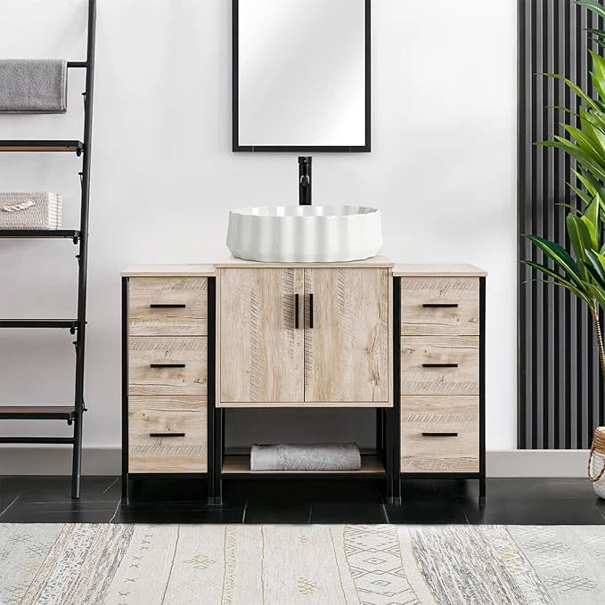 Versatile eclife 48 Bathroom Vanity Sink Combo Modern Metal Stand Cabinet W Bottom Shelf Storage Side Cabinets White Shell Vessel Sink Water Save Faucet Pop Up Drain Oak T54 About ThisOverview Trusted