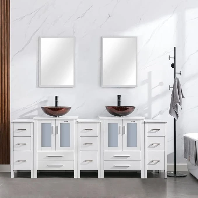 Long-Lasting eclife 84 Modern Bathroom Vanity Sink Combo standing Cabinet with Small Side Cabinet Brown Round Glass Vessel Sink Water Save Faucet Drain White A09 About ThisOverview Superior