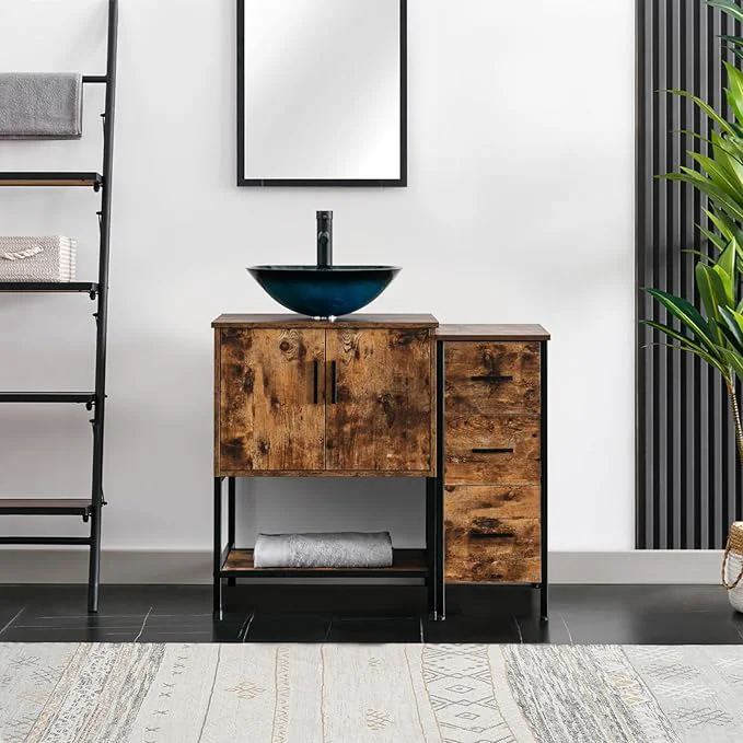 Artisan eclife 36 Bathroom Vanity Sink Combo Modern Metal Stand Cabinet W Bottom Shelf Storage Side Cabinet Turquoise Square Vessel Sink Water Save Faucet Pop Up Drain Rustic Brown A10 About ThisOverview Authentic