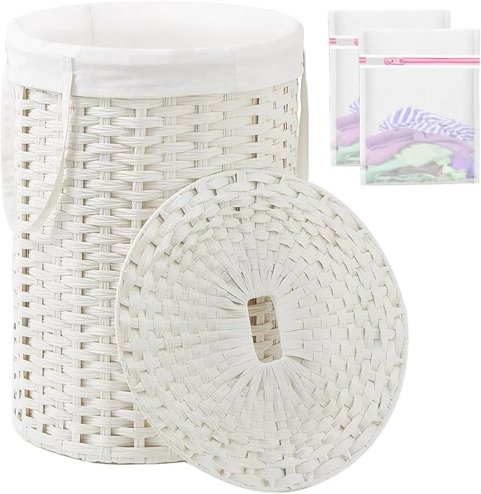 Original Design Laundry Basket with Lid Round Rattan Laundry Hamper with Lid and Handles 29.1 Gal 110 L Handwoven Woven Basket with Removable Bags and 2 Mesh Bags for Bathroom Living Room WhiteAbout ThisOverview Elite