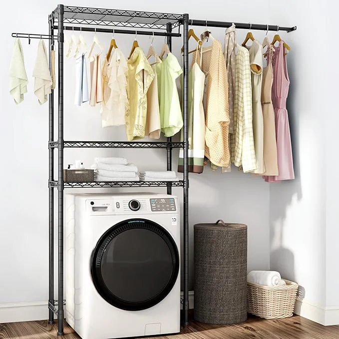 Pure Over Washer and Dryer Shelves 3 Tier Adjustable Wire Shelving Laundry Room Storage Organization Clothes Drying Rack with Mounted on the Wall Expandable Hanger Rods Hook 55 74.5 Wx13.4 Dx77 HAbout ThisOverview Trusted