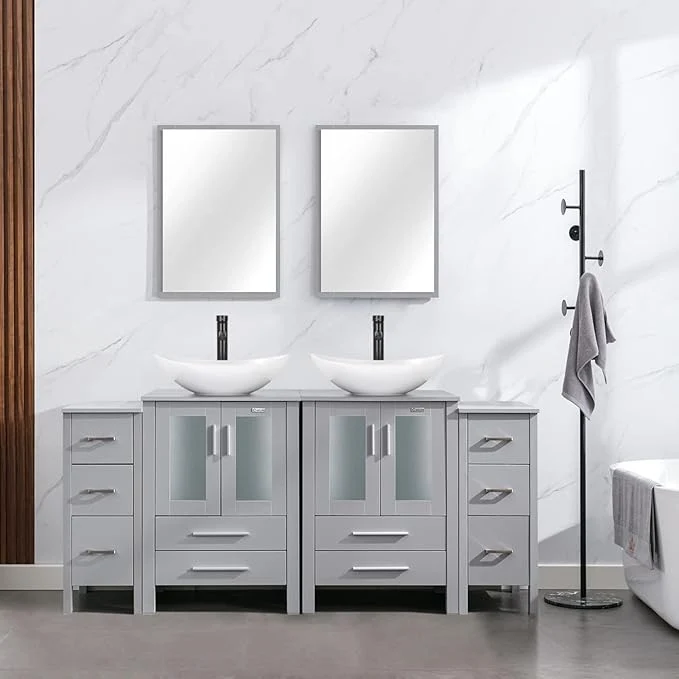 Elegant eclife 72 Modern Bathroom Vanity Sink Combo standing Cabinet with Small Side Cabinet White Boat Ceramic Vessel Sink Water Save Faucet Drain Gray T44 About ThisOverview Verified