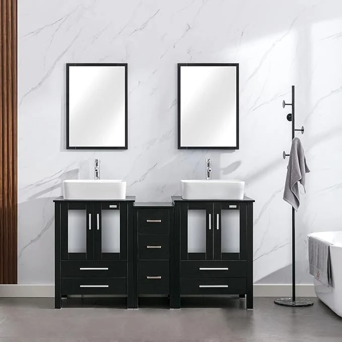 World-Class eclife 60 Modern Bathroom Vanity Sink Combo standing Cabinet with Small Side Cabinet White Rectangle Ceramic Vessel Sink Water Save Faucet Drain Black T03 About ThisOverview Reliable