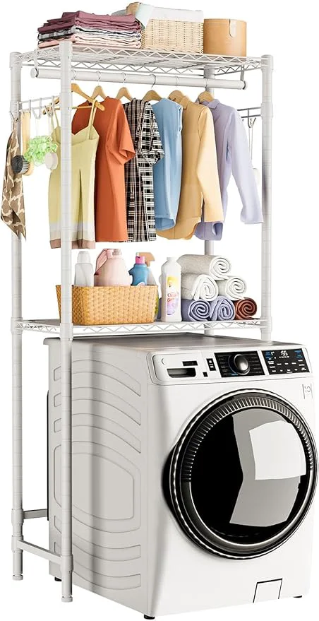 Original Over Washer and Dryer Shelves 2 Tier Adjustable Height Wire Shelving Laundry Room Storage Organization Clothes Drying Rack with Hanger Rod Hooks Space Saving Organizers Shelf WhiteAbout ThisOverview Exceptional
