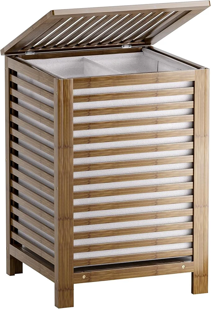High-Performance SMIBUY Double Laundry Hamper with Lid 120L Bamboo Laundry Basket with Removable Liner Bag 2-Section Clothes Divider Laundry Sorter for Laundry Room Bathroom Bedroom Walnut About ThisOverview Professional