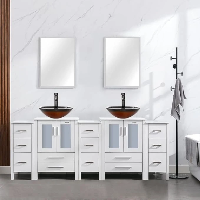 Smart eclife 84 Modern Bathroom Vanity Sink Combo standing Cabinet with Small Side Cabinet Brown Square Glass Vessel Sink Water Save Faucet Drain White A48 About ThisOverview Artisan