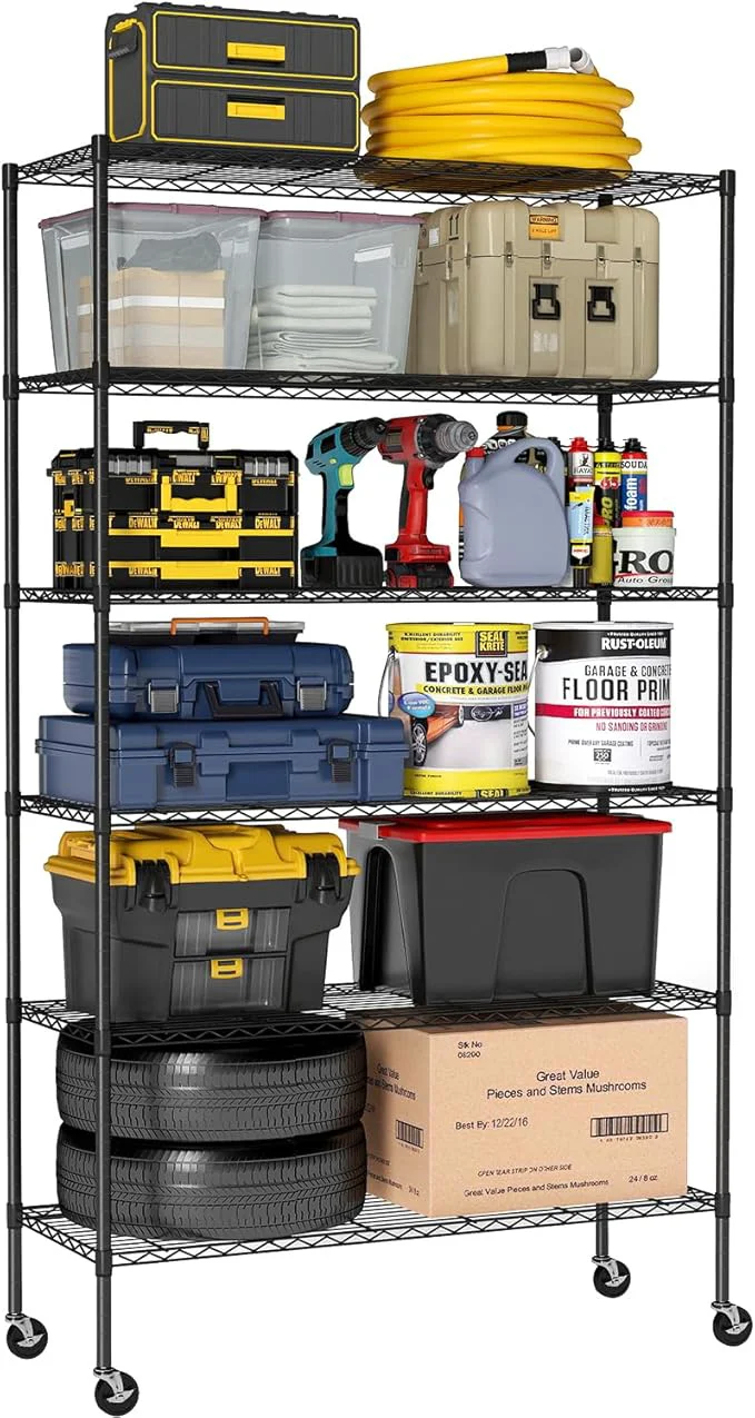 Optimized Office Storage Shelves 6 Tier Metal Shelves Adjustable Garage Shelving Wire Shelving Unit Capacity 2100LBS with Wheels for Kitchen Garage Pantry Closet Commercial BlackAbout ThisOverview Crafted