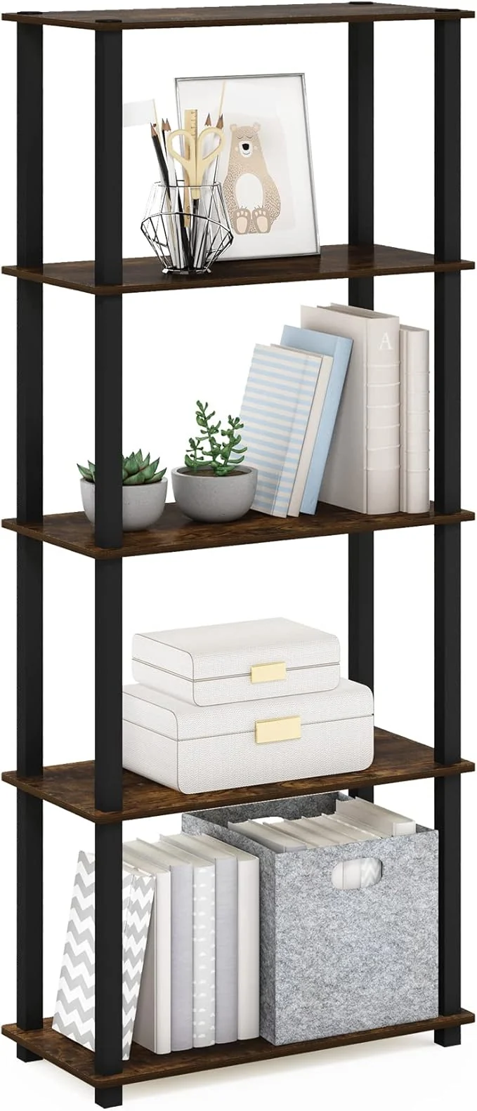 Expertly Made Furinno Turn-S-Tube 5-Tier Multipurpose Shelf Display Rack with Square Tubes Amber Pine BlackAbout ThisOverview Efficient