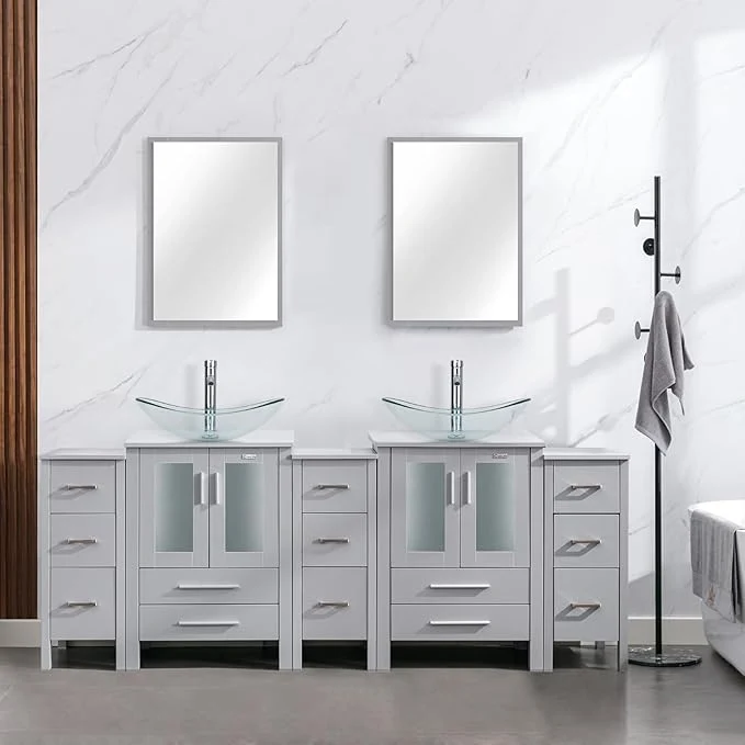 Breathable eclife 84 Modern Bathroom Vanity Sink Combo standing Cabinet with Small Side Cabinet Clear Boat Glass Vessel Sink Water Save Faucet Drain Gray A29TT About ThisOverview Long-Lasting