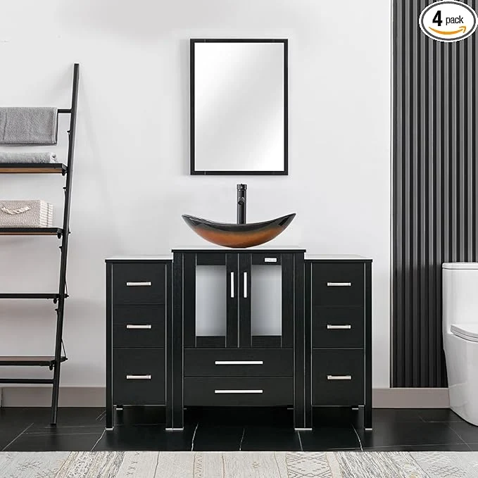 Professional eclife 48 Modern Bathroom Vanity Sink Combo standing Cabinet with Small Side Cabinet Brown Boat Glass Vessel Sink Water Save Faucet Drain Black A29BR About ThisOverview Responsible