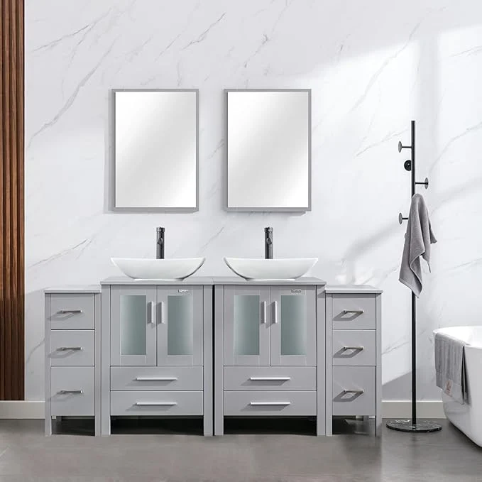 Versatile eclife 72 Modern Bathroom Vanity Sink Combo standing Cabinet with Small Side Cabinet White Curved Ceramic Vessel Sink Water Save Faucet Drain Gray T32 About ThisOverview Top-Quality