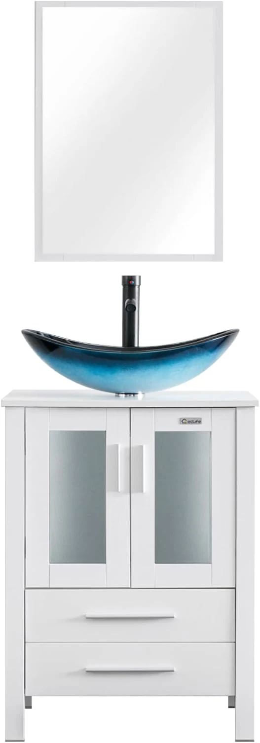 Efficient eclife 24 Modern Bathroom Vanity Sink Combo standing Cabinet with Soft Closing Door Blue Boat Glass Vessel Sink Water Save Faucet Drain White A29BU About ThisOverview Recyclable
