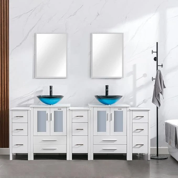 Exclusive eclife 84 Modern Bathroom Vanity Sink Combo standing Cabinet with Small Side Cabinet Turquoise Square Glass Vessel Sink Water Save Faucet Drain White A10 About ThisOverview Convenient