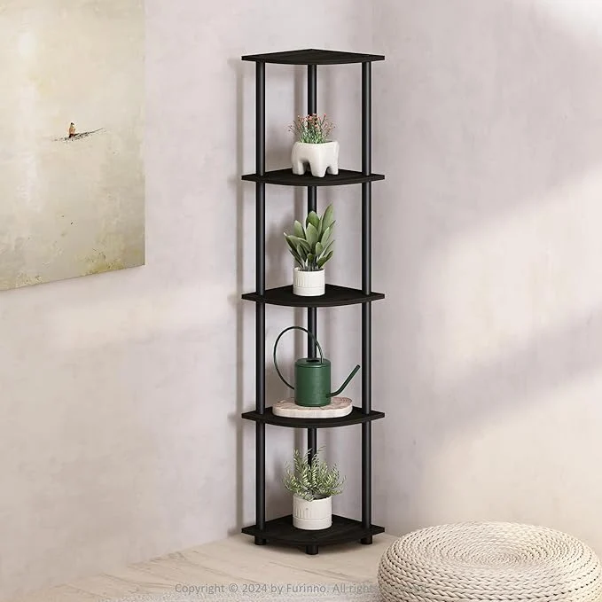 Functional Furinno Turn-N-Tube Corner Shelf 5-Tier Corner Bookshelf Open Storage Shelves for Organization and Storage Living Room Home Office Garage Bedroom EspressoAbout ThisOverview Advanced