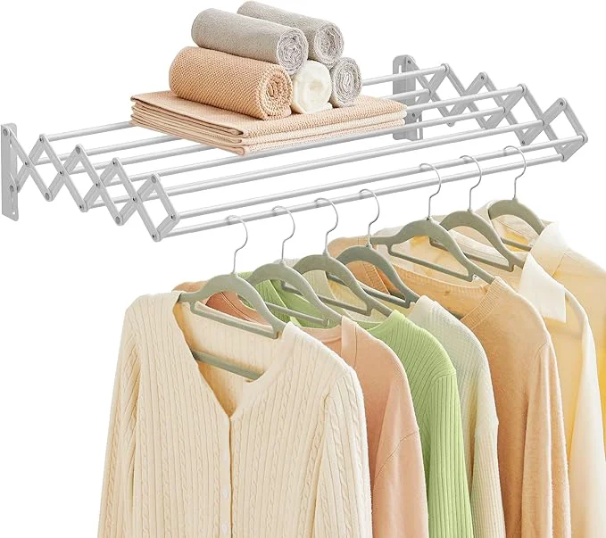 Environmentally Friendly SONGMICS Clothes Drying Rack Wall-Mounted Drying Rack Clothing Accordion Laundry Rack 9 Staggered Hanging Rods Expandable and Retractable Steel Cloud White ULLR806W01About ThisOverview Original