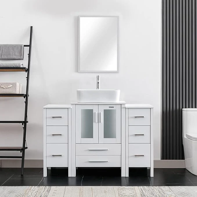 Breathable eclife 48 Modern Bathroom Vanity Sink Combo standing Cabinet with Small Side Cabinet White Rectangle Ceramic Vessel Sink Water Save Faucet Drain White T03 About ThisOverview Relaxed