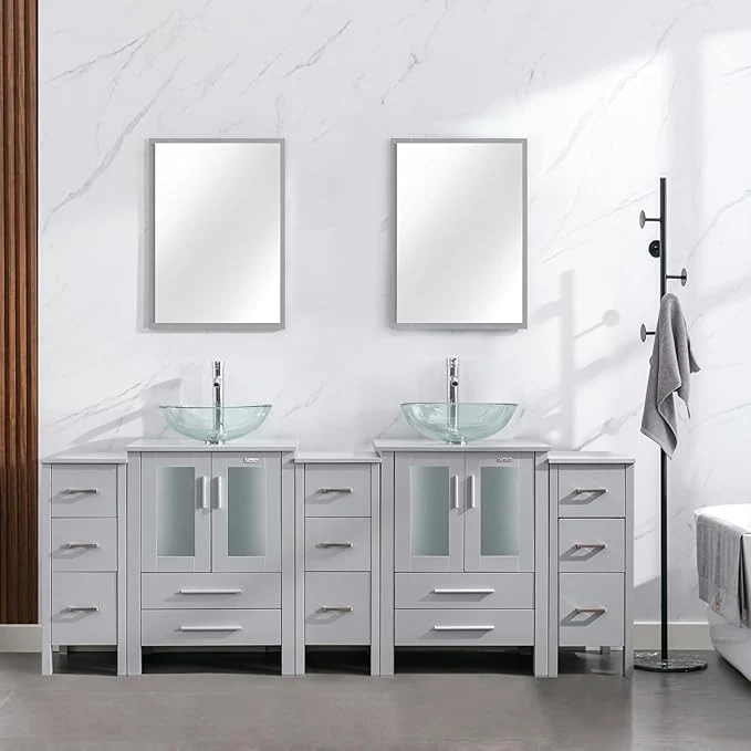 Quality eclife 84 Modern Bathroom Vanity Sink Combo standing Cabinet with Small Side Cabinet Clear Round Glass Vessel Sink Water Save Faucet Drain Gray A16 About ThisOverview Exclusive