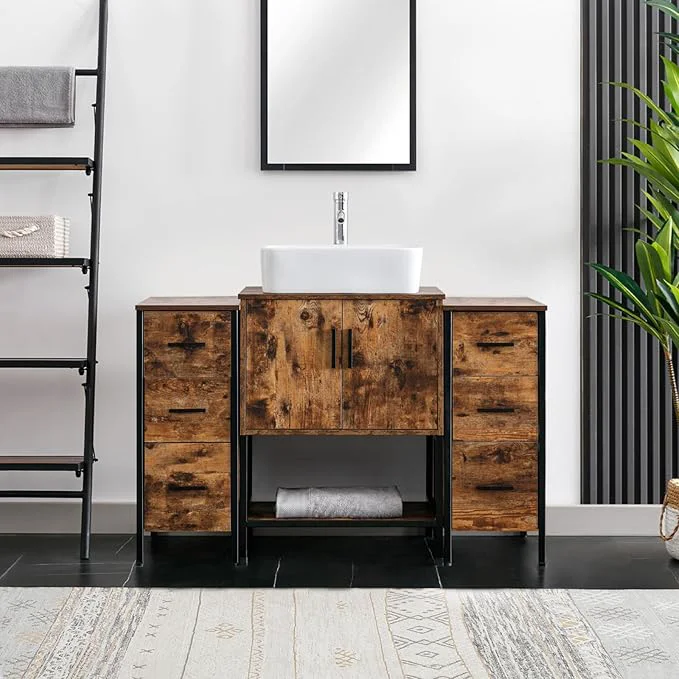 Prestigious eclife 48 Bathroom Vanity Sink Combo Modern Metal Stand Cabinet W Bottom Shelf Storage Side Cabinets White Rectangle Vessel Sink Water Save Faucet Pop Up Drain Rustic Brown T03 About ThisOverview Efficient