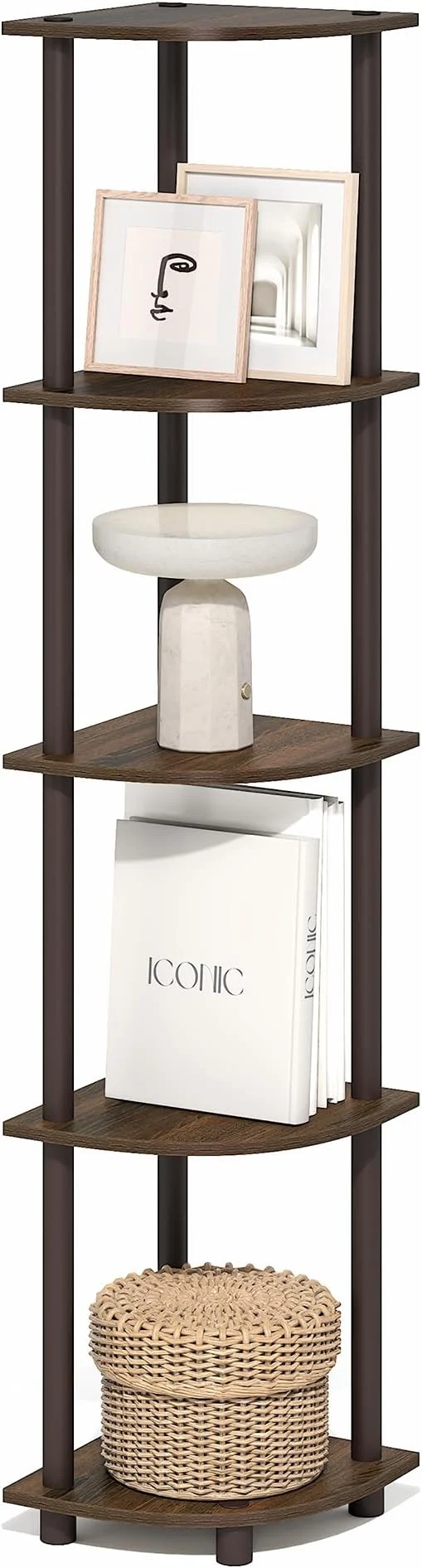 Solid Furinno Turn-N-Tube Corner Shelf 5-Tier Corner Bookshelf Open Storage Shelves for Organization and Storage Living Room Home Office Garage Bedroom Black WalnutAbout ThisOverview Detailed