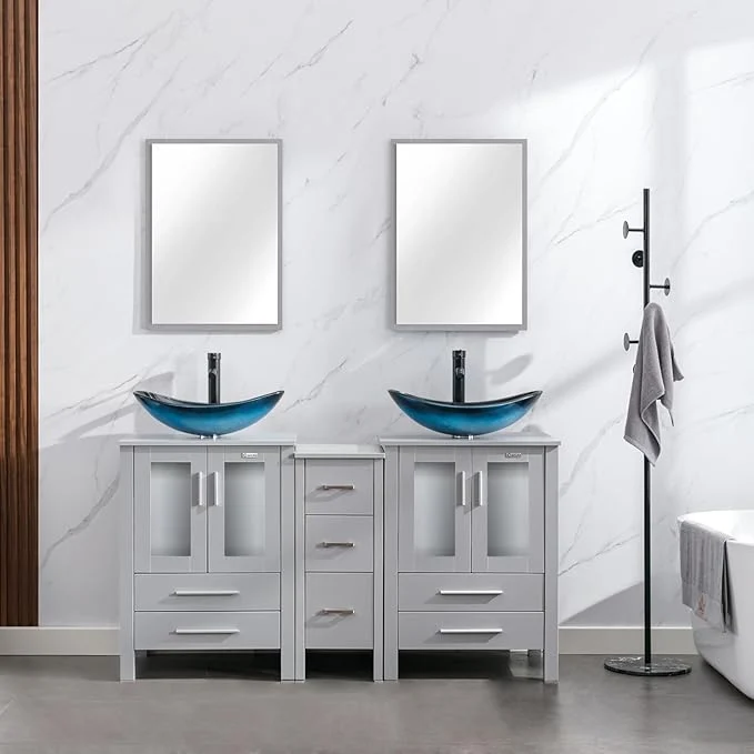 Natural eclife 60 Modern Bathroom Vanity Sink Combo standing Cabinet with Small Side Cabinet Blue Boat Glass Vessel Sink Water Save Faucet Drain Gray A29BU About ThisOverview Soft