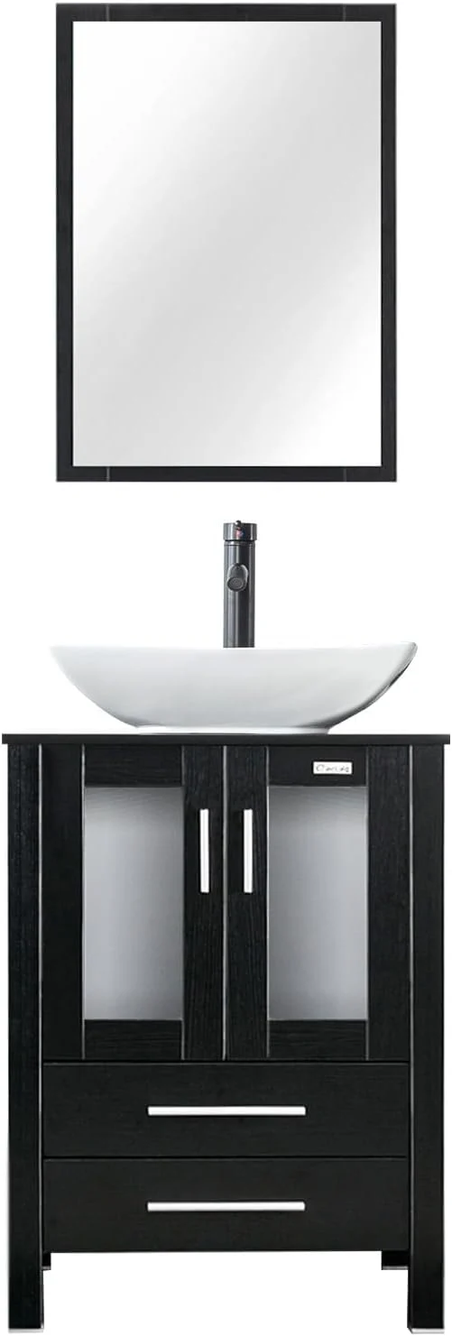 Breathable eclife 24 Modern Bathroom Vanity Sink Combo standing Cabinet with Soft Closing Door White Curved Ceramic Vessel Sink Water Save Faucet Drain Black T32 About ThisOverview Expertly Made