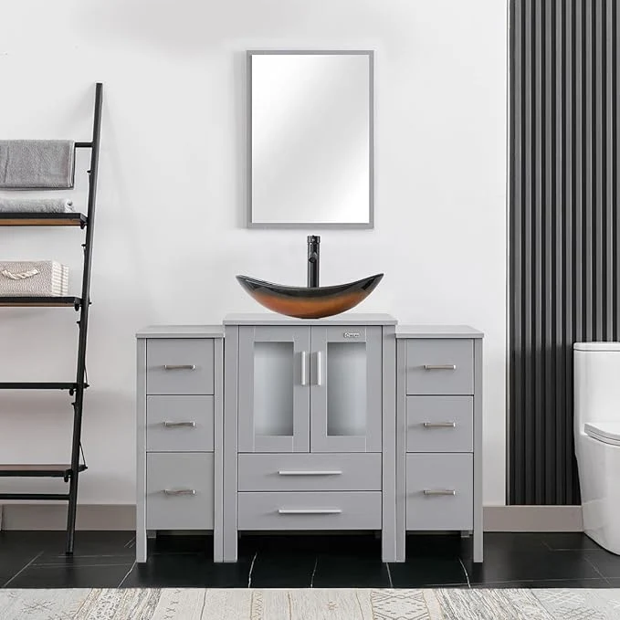 Optimized eclife 48 Modern Bathroom Vanity Sink Combo standing Cabinet with Small Side Cabinet Brown Boat Glass Vessel Sink Water Save Faucet Drain Gray A29BR About ThisOverview Quality