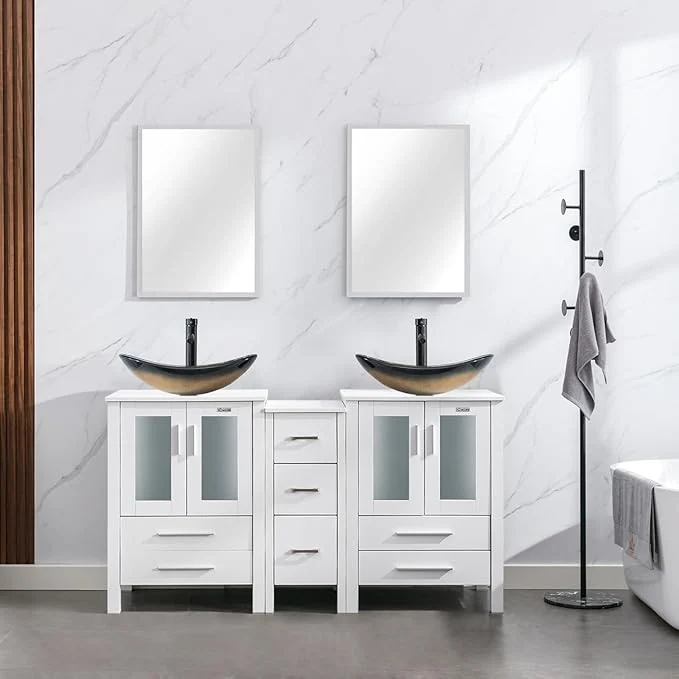 Excellent eclife 60 Modern Bathroom Vanity Sink Combo standing Cabinet with Small Side Cabinet Champagne Boat Glass Vessel Sink Water Save Faucet Drain White A29CH About ThisOverview Flexible