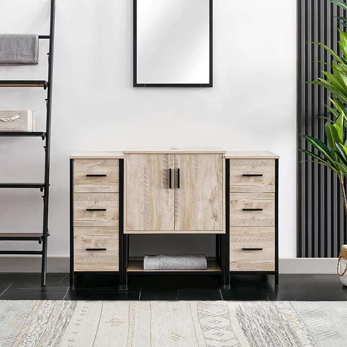 Enhanced eclife 48 Bathroom Vanity Sink Combo Modern Metal Stand Cabinet W Bottom Shelf Storage Side Cabinets Oak Without Sink About ThisOverview Trusted