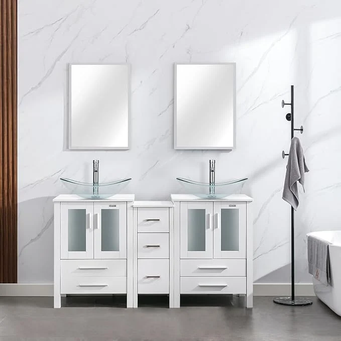 Fine eclife 60 Modern Bathroom Vanity Sink Combo standing Cabinet with Small Side Cabinet Clear Boat Glass Vessel Sink Water Save Faucet Drain White A29TT About ThisOverview High-Grade