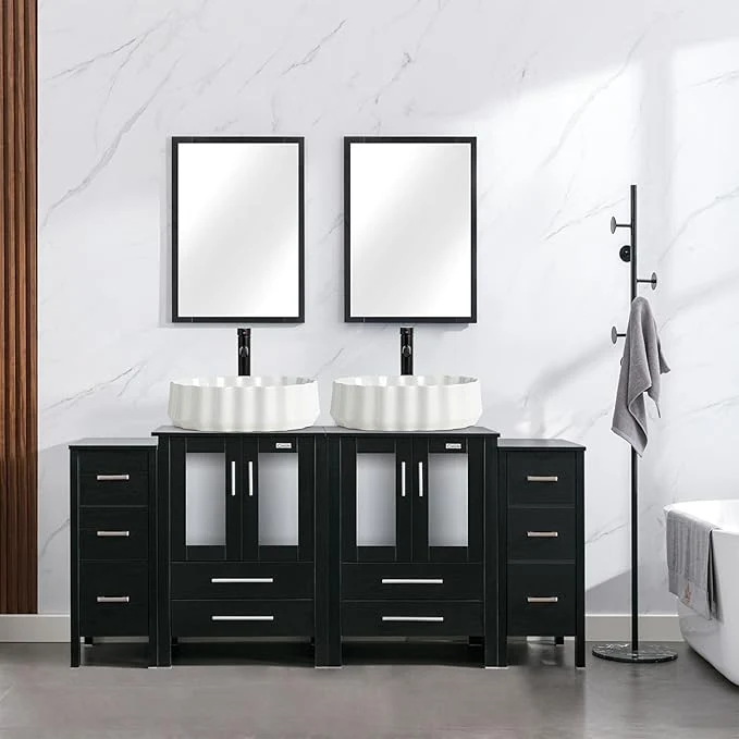 Smart eclife 72 Modern Bathroom Vanity Sink Combo standing Cabinet with Small Side Cabinet White Shell Ceramic Vessel Sink Water Save Faucet Drain Black T54 About ThisOverview Sophisticated
