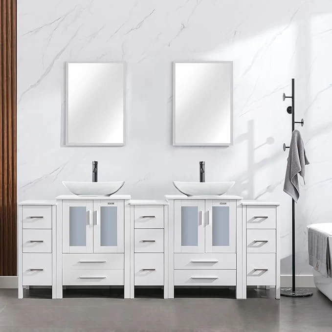 Exclusive eclife 84 Modern Bathroom Vanity Sink Combo standing Cabinet with Small Side Cabinet White Curved Ceramic Vessel Sink Water Save Faucet Drain White T32 About ThisOverview Functional