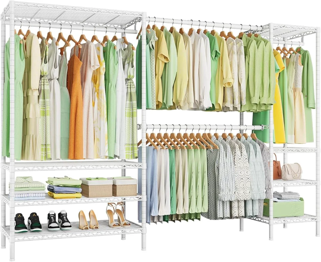 Minimalist Ulif E11 Heavy-Duty Garment Rack Metal standing Clothes Rack and Closet Storage Organizer with 8 Shelves and 4 Hanger Rods 73.2 - 97.6 W x 14.5 D x 71.2 H Load 1034 LBS WhiteAbout ThisOverview Consistent