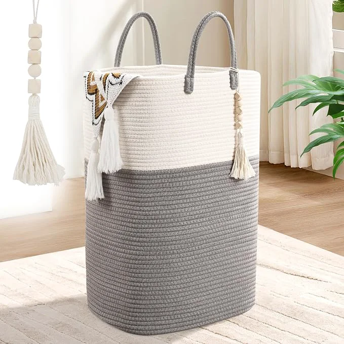 Comfortable Woven Laundry Basket for Clothes 50L Large Rectangle Laundry Hampers with Beads Tassel Nursery Storage Basket for Toys Tall Dirty Clothes Hamper for Bedroom Aesthetic Laundry Room OrganizationAbout ThisOverview Breathable