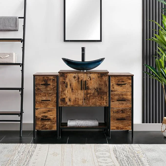 Versatile eclife 48 Bathroom Vanity Sink Combo Modern Metal Stand Cabinet W Bottom Shelf Storage Side Cabinets Blue Boat Vessel Sink Water Save Faucet Pop Up Drain Rustic Brown A29BU About ThisOverview Contemporary