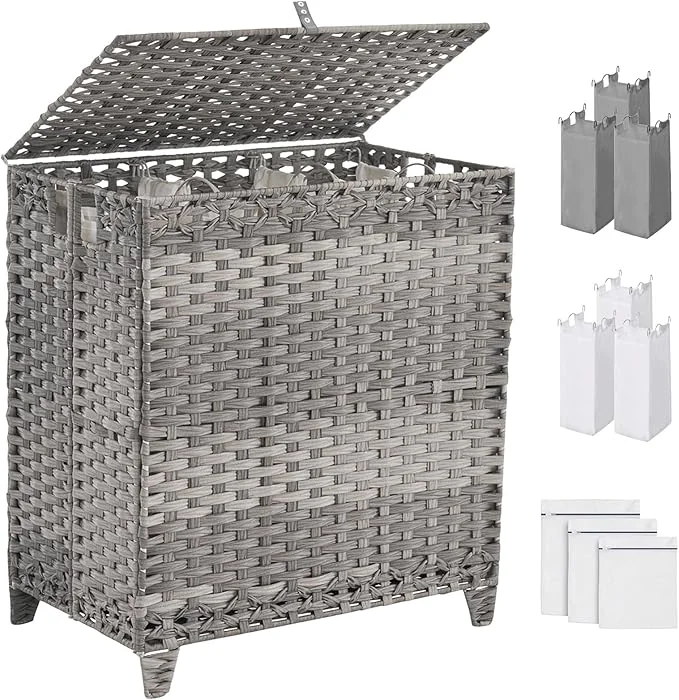 Environmentally Friendly Laundry Hamper with Lid 190L Large Laundry Basket 3 Section with 6 Removable Liner Bags 3 Mesh Laundry Bags Handwoven Rattan Clothes Hamper with Heightened Feet No Install Needed GreyAbout ThisOverview Smooth