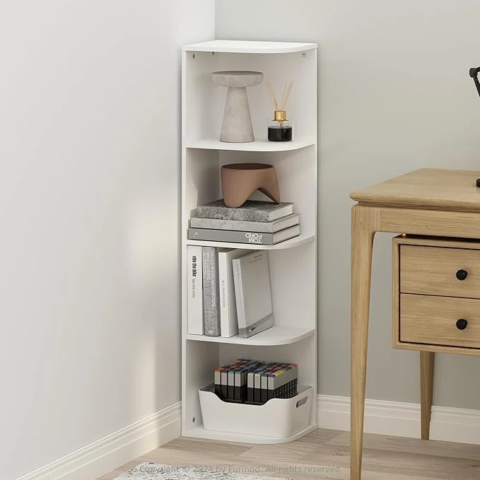 Convenient Furinno Reed Corner Shelf 4-Tier Corner Bookshelf Book Shelf Corner Shelves Storage Rack for Organization and Storage Home Office Living Room WhiteAbout ThisOverview Modern