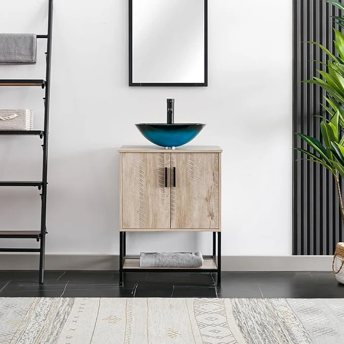 Quality eclife 24 Bathroom Vanity Sink Combo Modern Metal Stand Cabinet W Bottom Shelf Turquoise Square Vessel Sink Water Save Faucet Pop Up Drain Oak A10 About ThisOverview Top-Quality