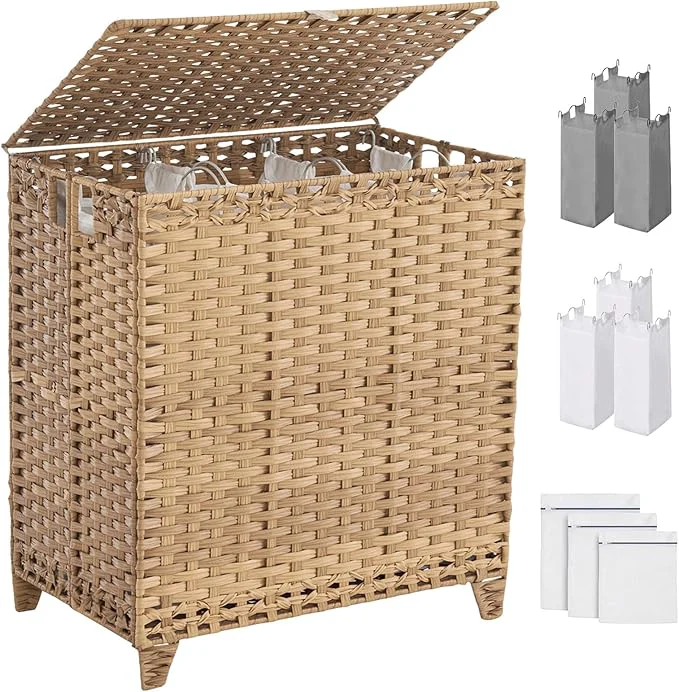Contemporary Laundry Hamper with Lid 190L Large Laundry Basket 3 Section with 6 Removable Liner Bags 3 Mesh Laundry Bags Handwoven Rattan Clothes Hamper with Heightened Feet No Install Needed NaturalAbout ThisOverview User-Friendly